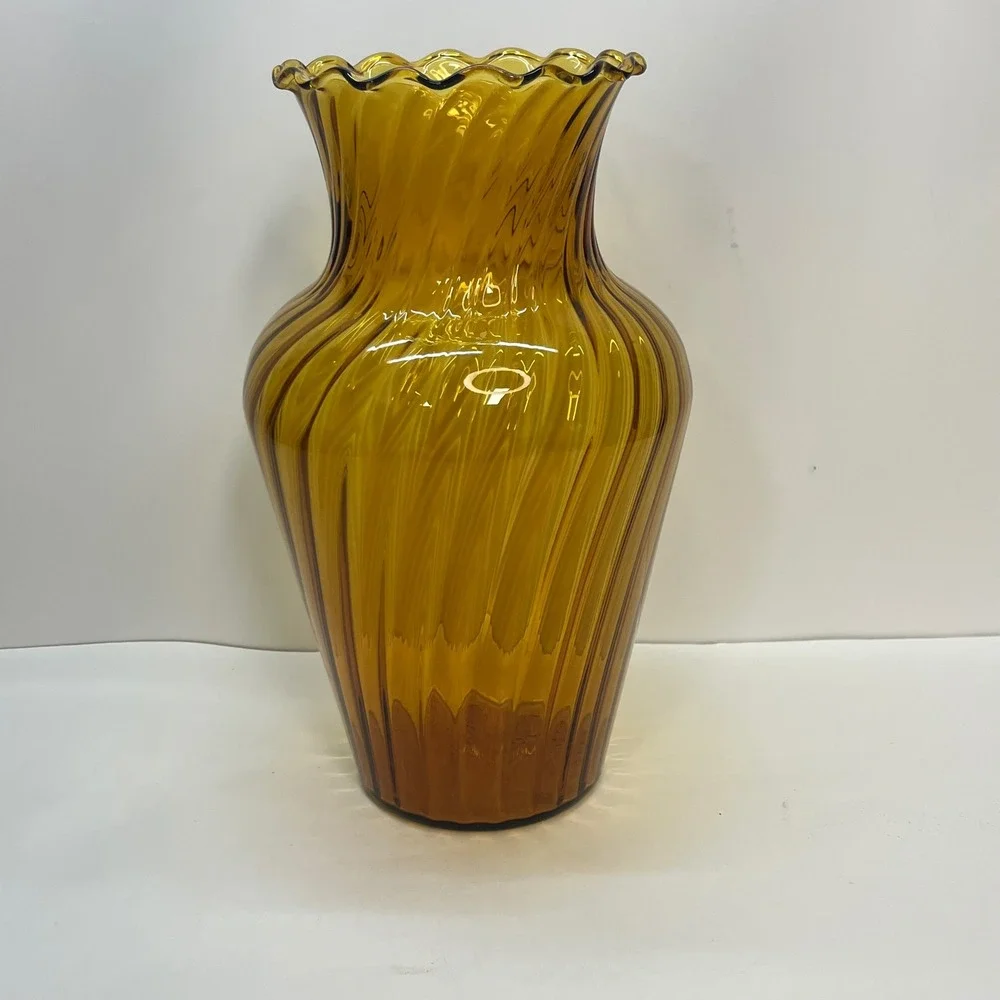 Vintage Amber Glass‎ Optic Swirl Vase Ruffled Rim Mid Century Modern 10.5 Inch